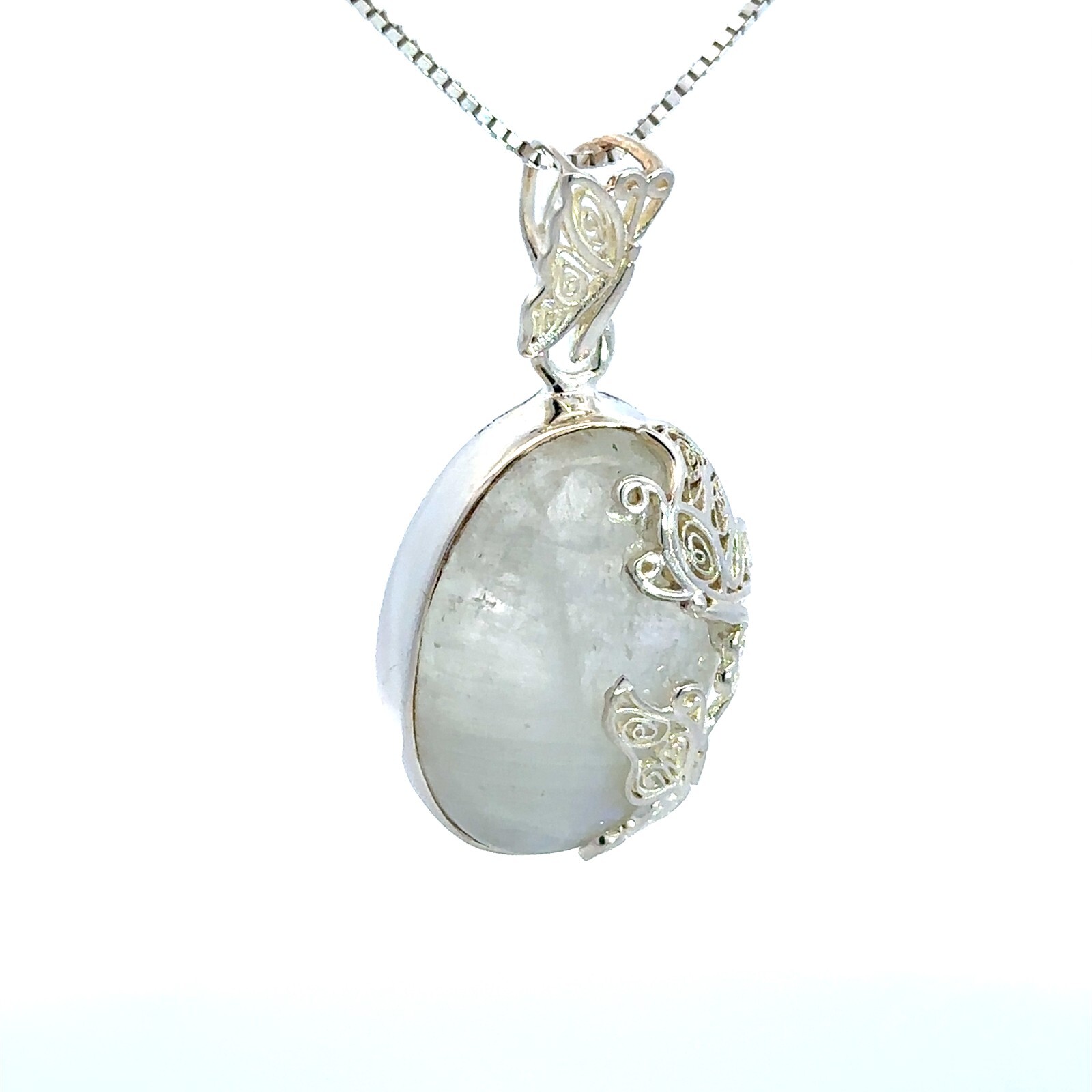 Sterling Silver Rainbow Moonstone With Butterfly Pendant (3/4 x 1 1/2 Inch)