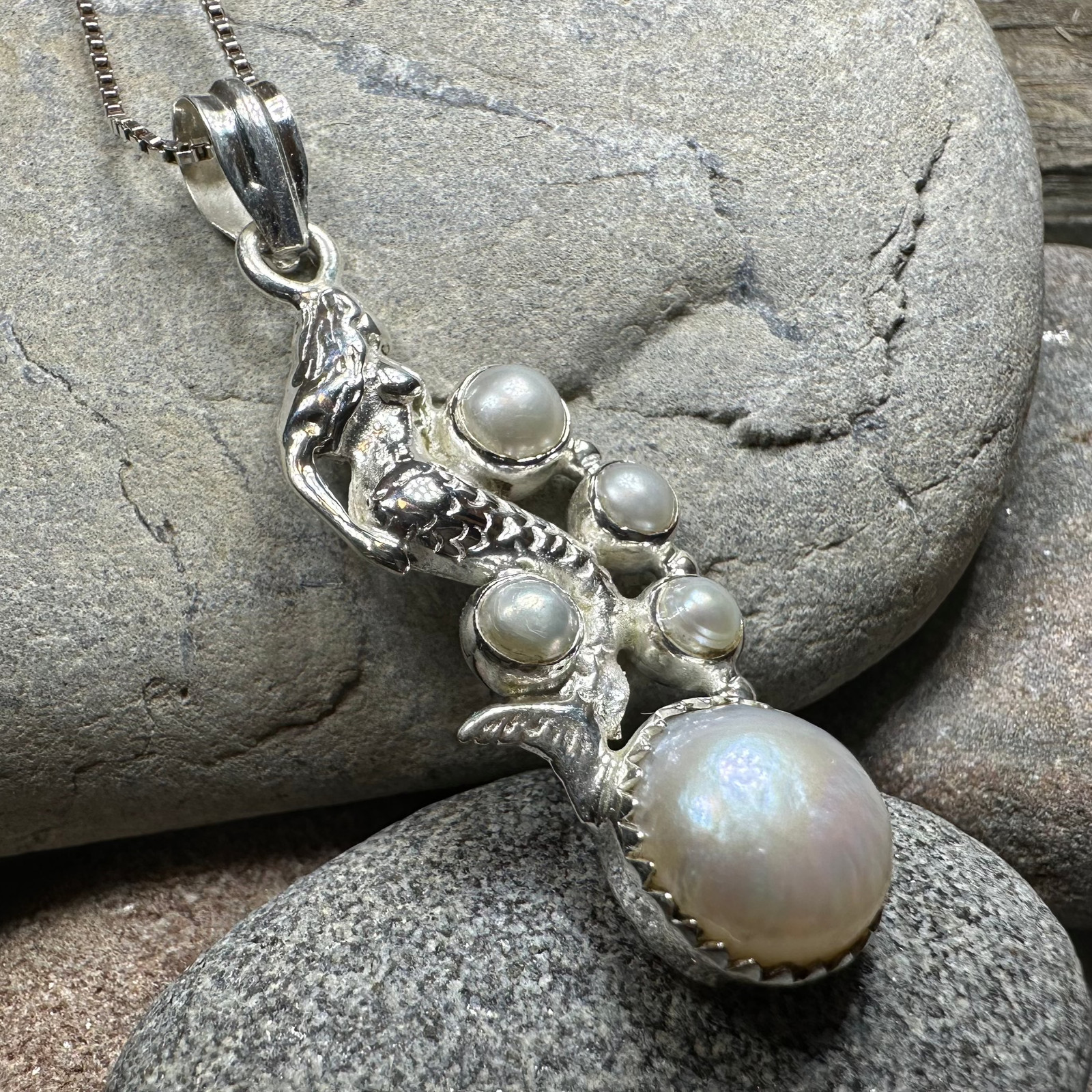 Mermaid Necklace Beach Nautical Pearl Ocean Ladies 925 Pendant W/FREE CHAIN