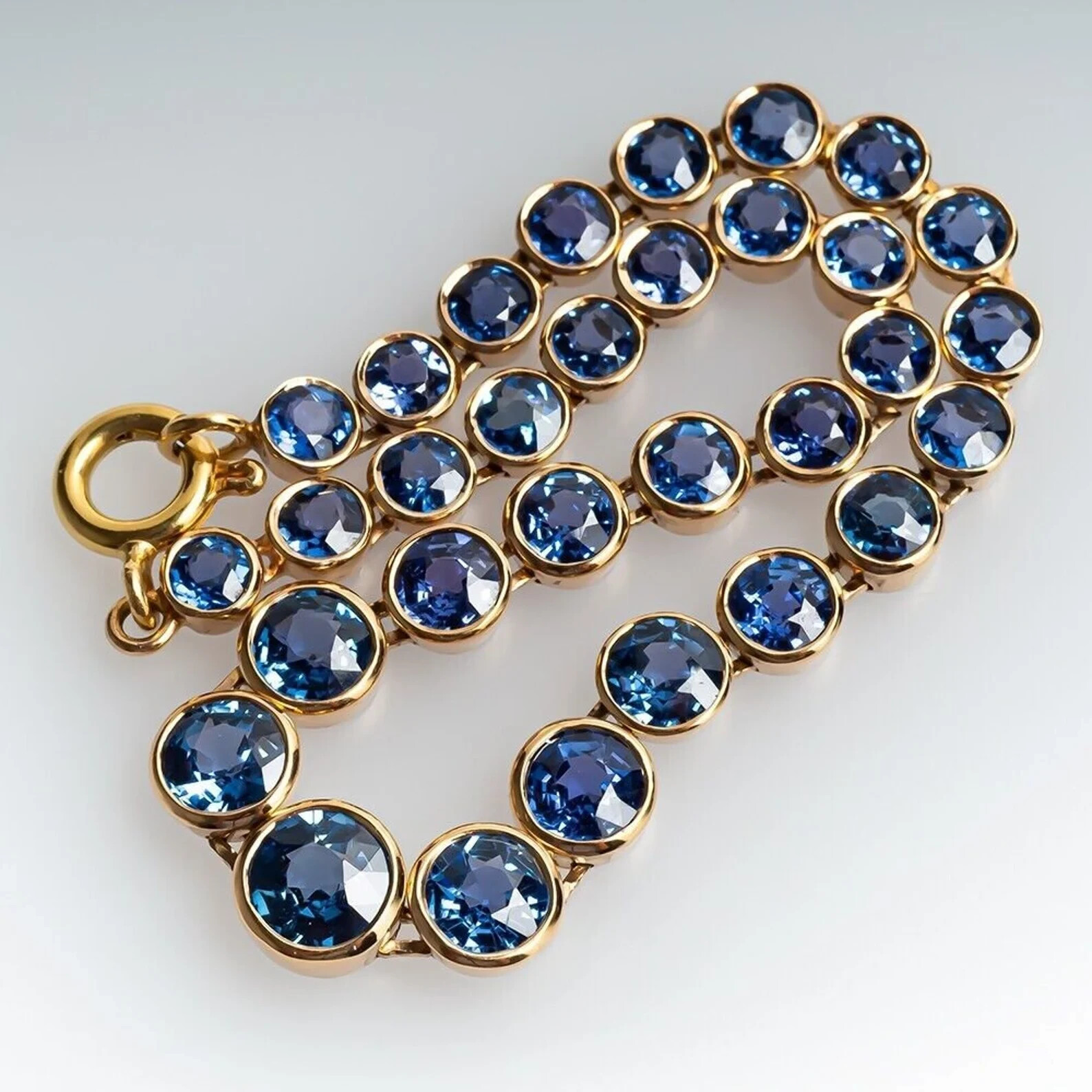 Blue Sapphire Tennis Necklace 14K Yellow Gold Over 18″ inch