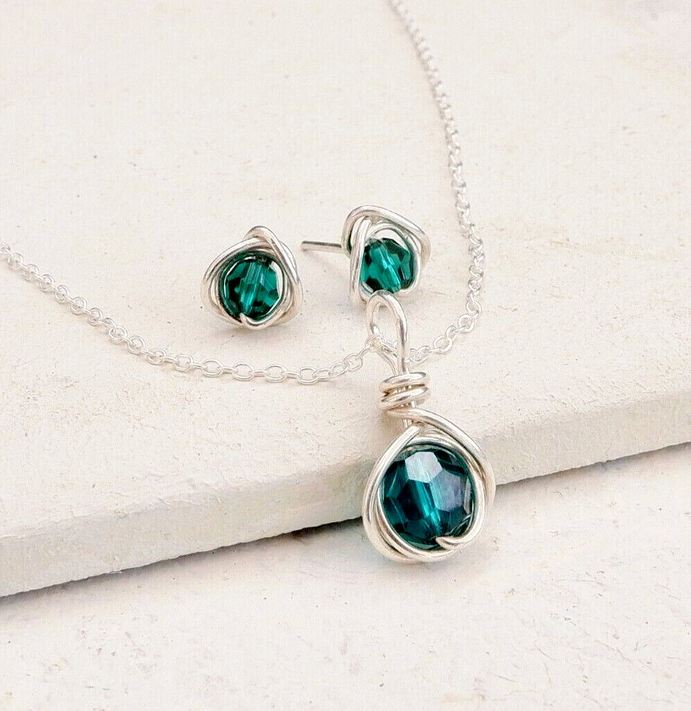 Emerald Crystal Necklace Set Sterling Silver May Birthstone Handmade Gift Box