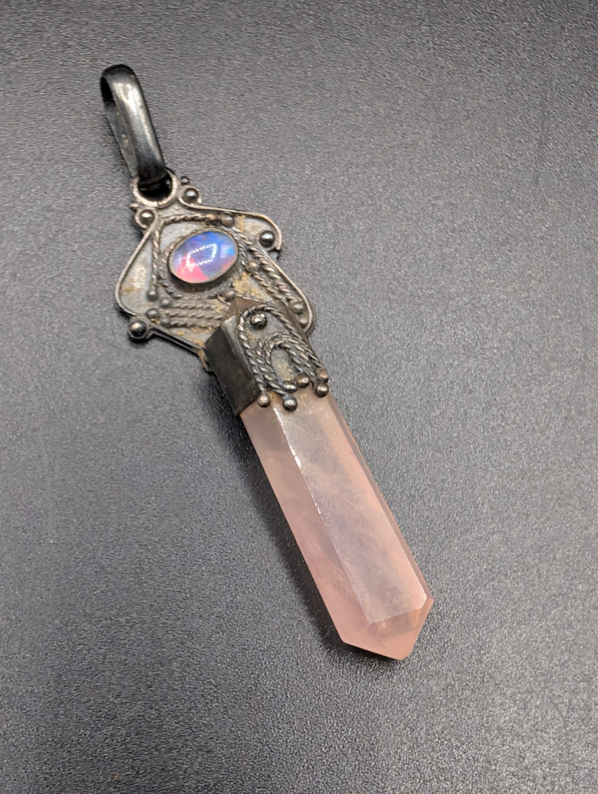 Unique Oxydised Sterling Silver Rose Quartz Point Ornate Pendant