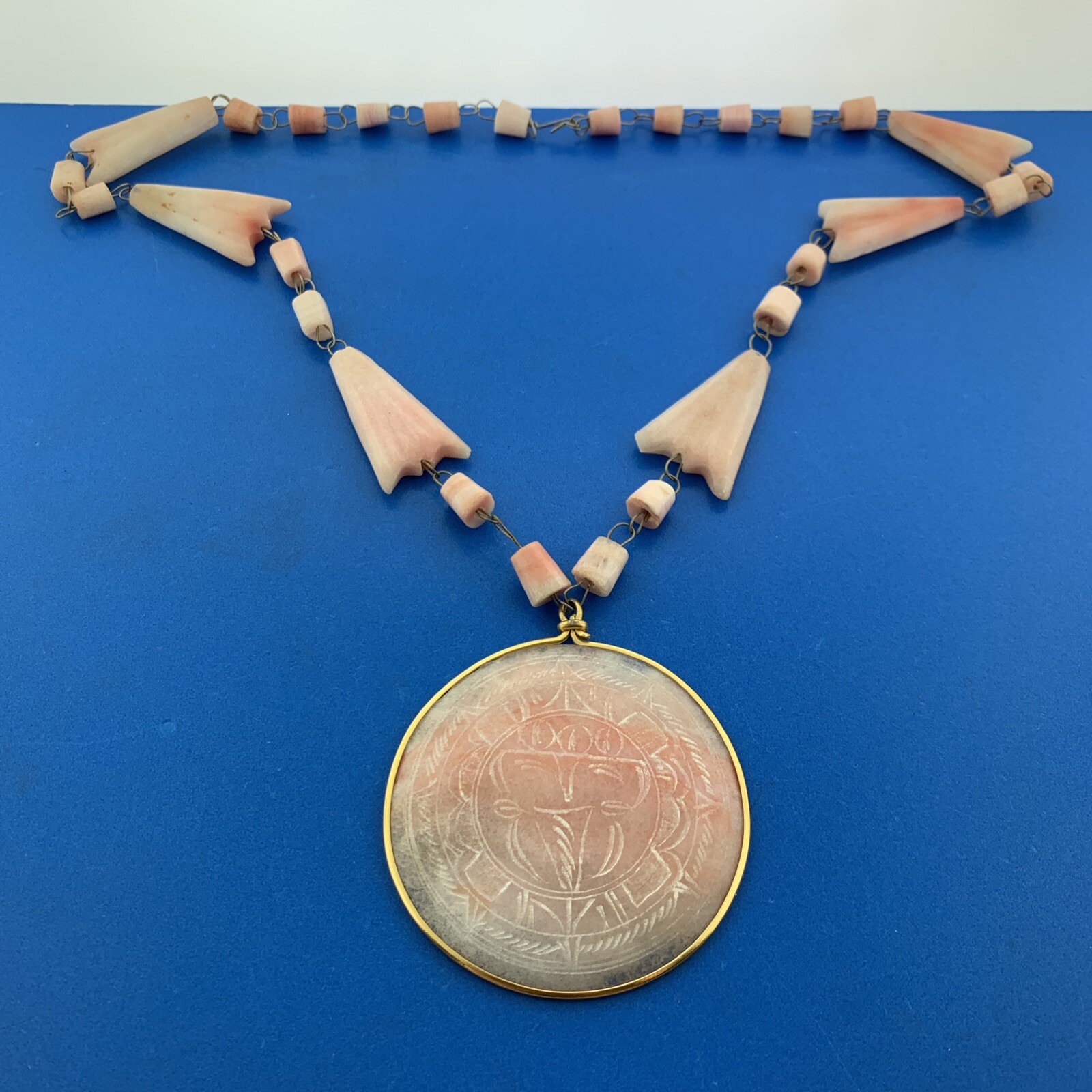 Retro Artisan Two Toned Carved Rose Quartz Beads Medallion Statement Necklace