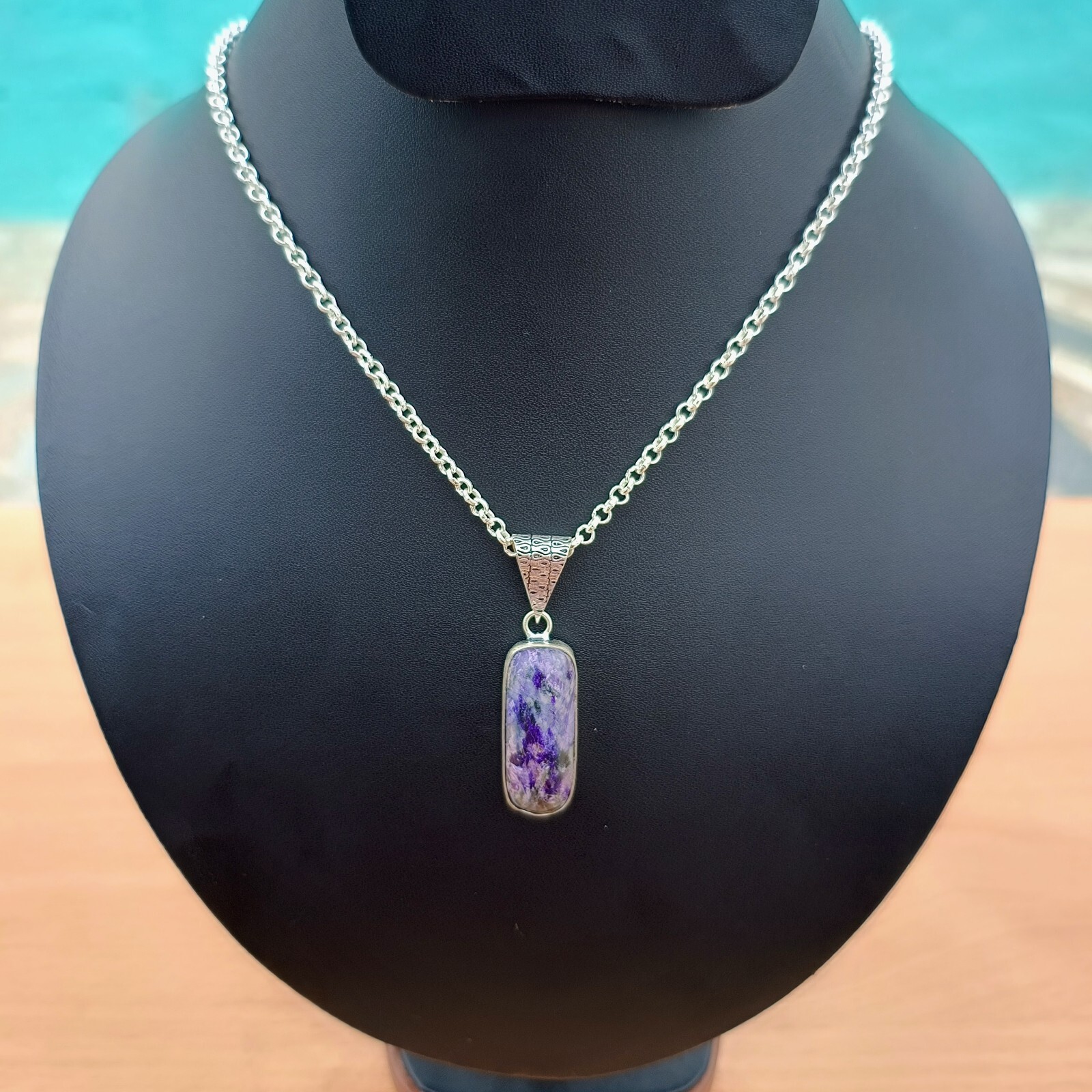 Charoite Pendant 925 Sterling Silver Handmade Natural Bar Gemstone Jewelry Gift