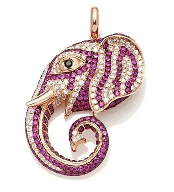 1.50CT Round Cut Lab Created Red Ruby Elephant Pendant 14K Yellow Gold Finish