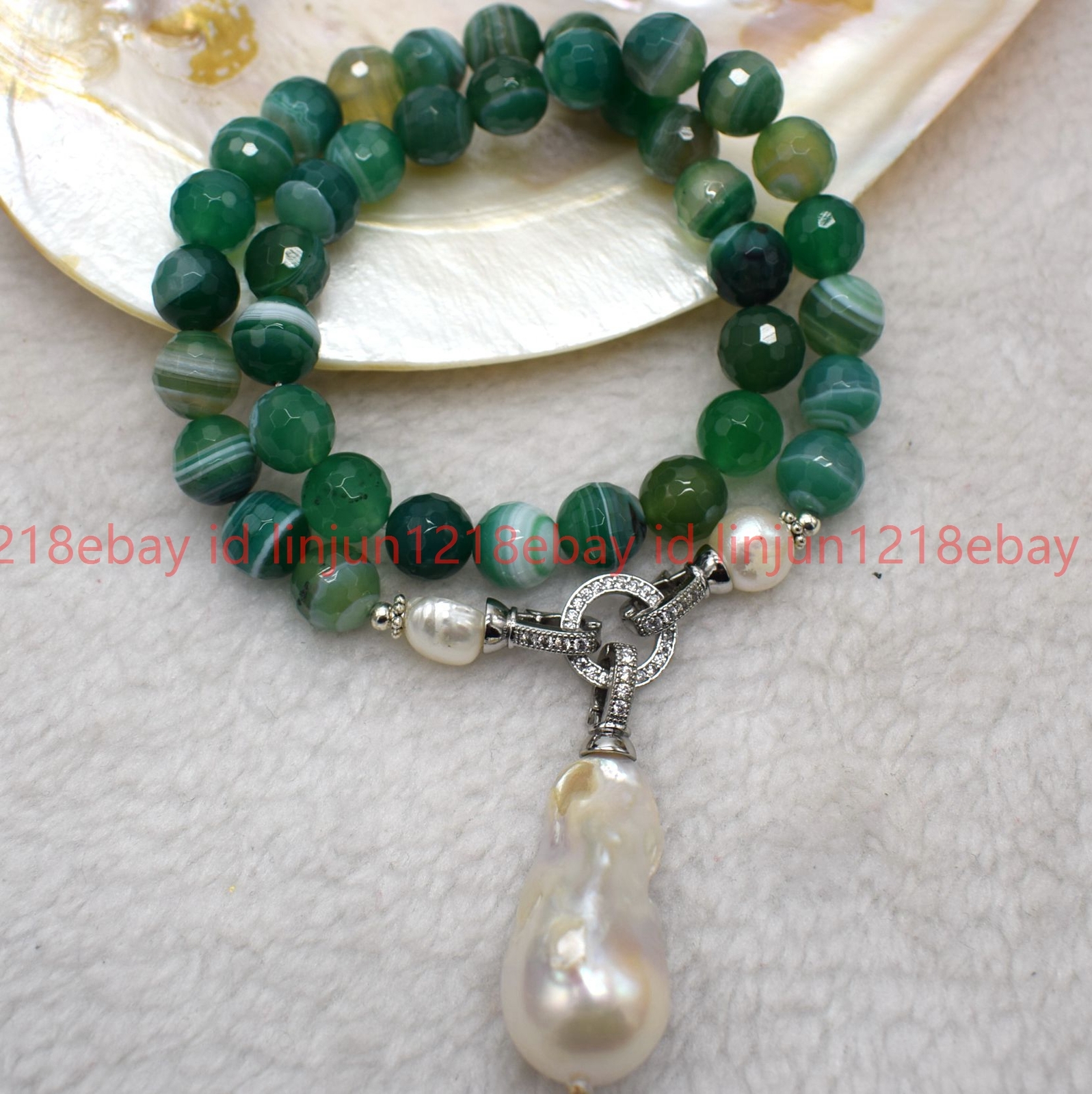 8mm Faceted Green Striped Agate Round White Baroque Pendant Necklace 16-32in