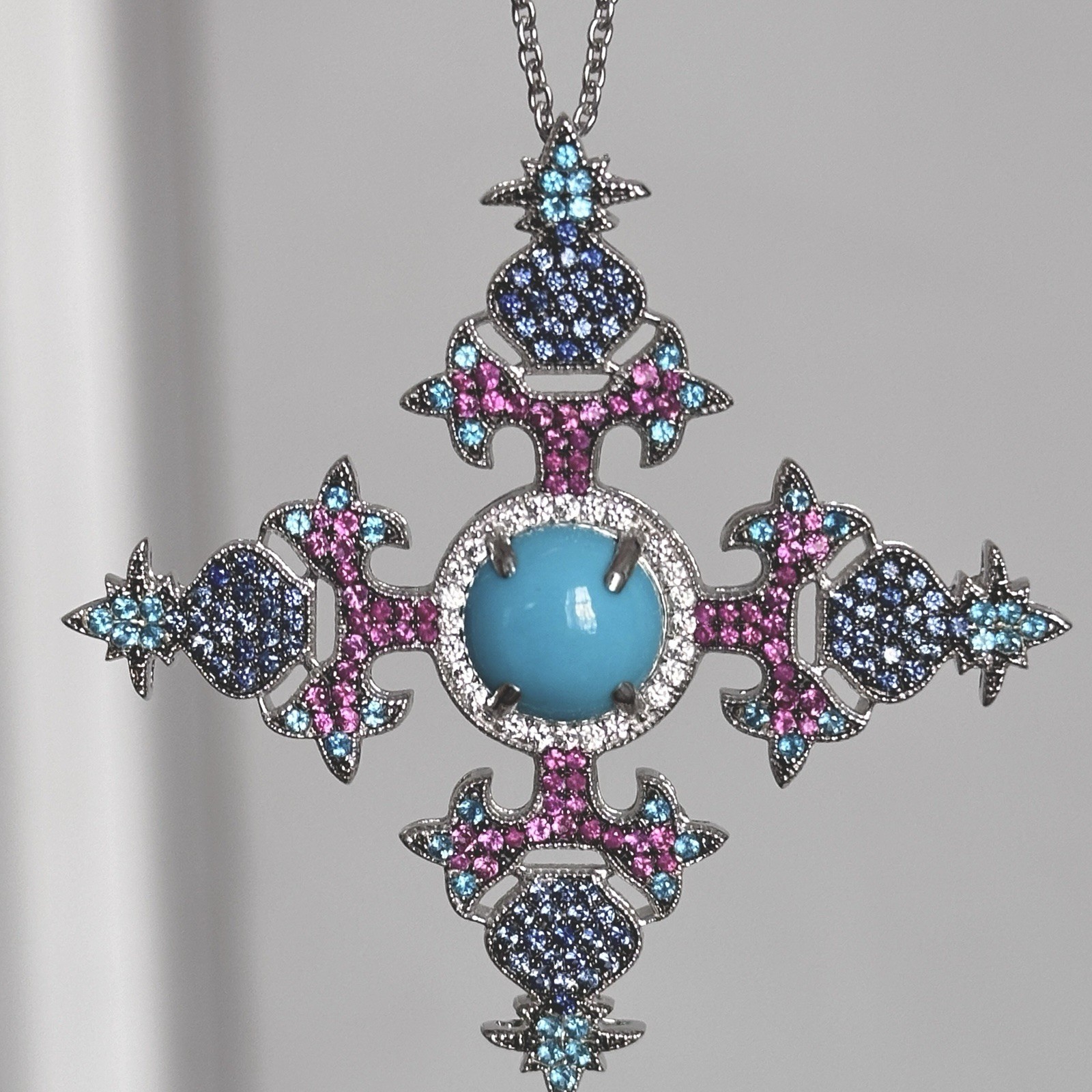Vintage Art Deco Sleeping Beauty Turquoise Sapphire Cross Pendant 925 Silver