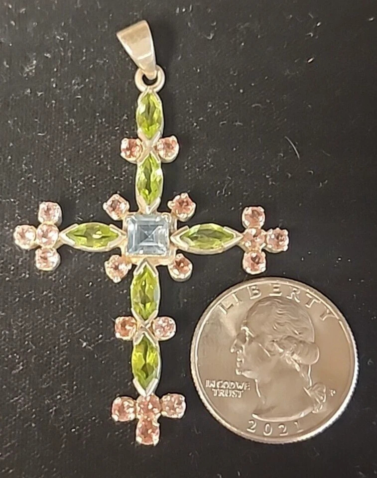925 STERLING SIL.VER CROSS Pink Green Blue 2.5″ Long