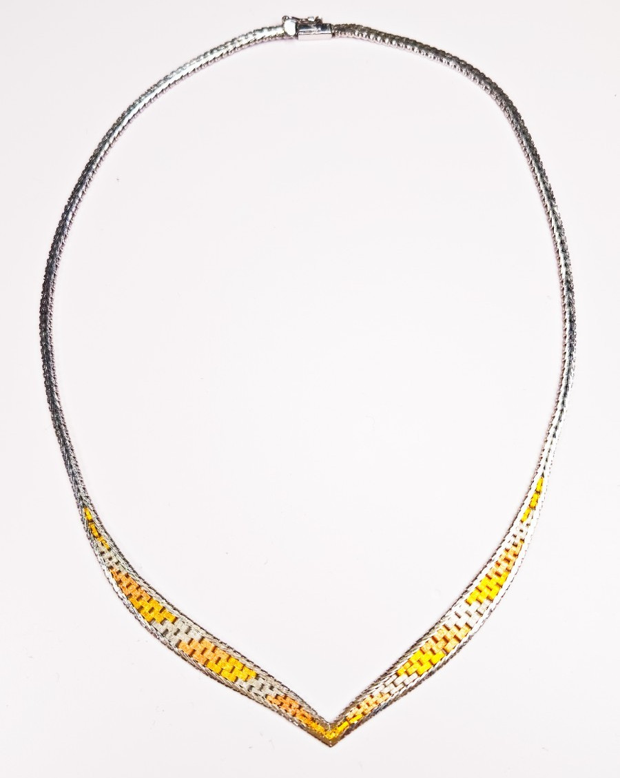 925 Italy Sterling Silver Tri Color Woven V Necklace 16″ Box Clasp 11.88g