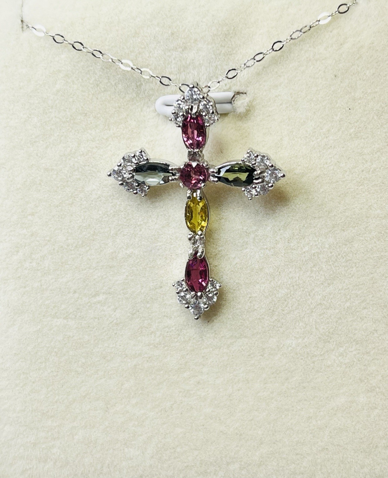 925 Sterling Silver Tourmaline Pink Green Blue Yellow Cross Pendant Necklace