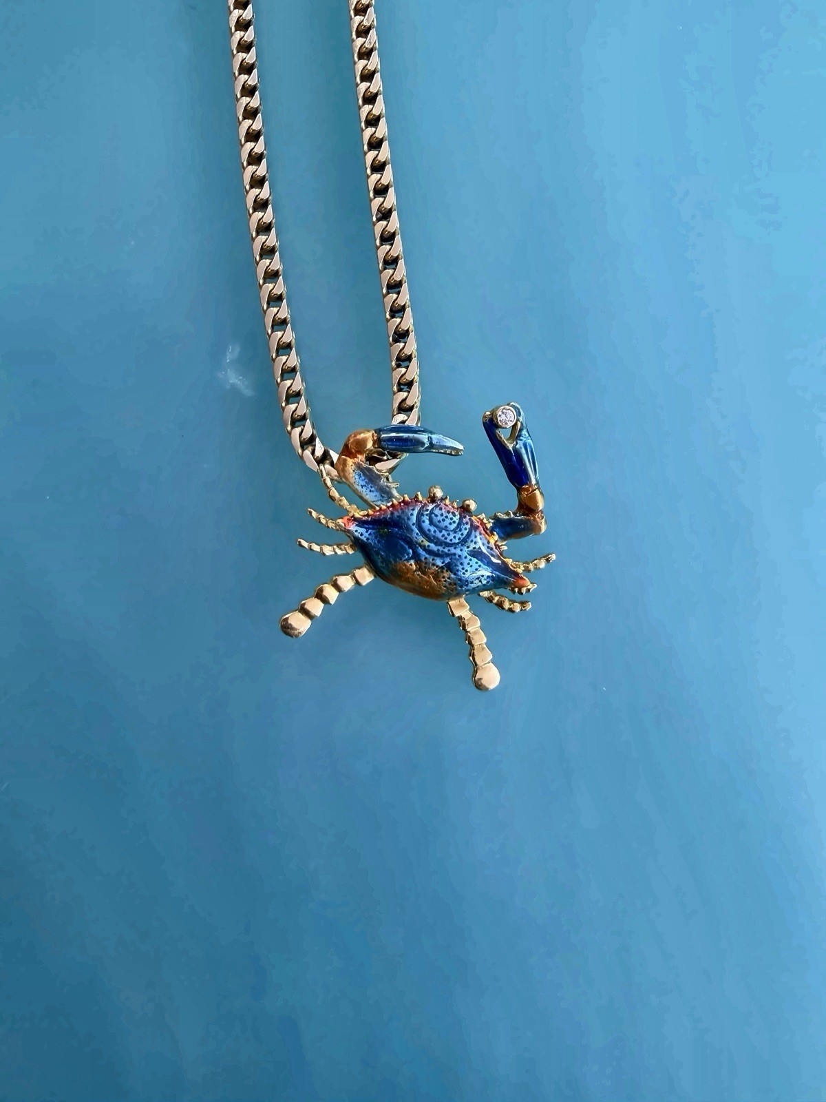18K YELLOW GOLD ENAMEL BLUE CRAB ENHANCER PENDANT 8.7 Grams
