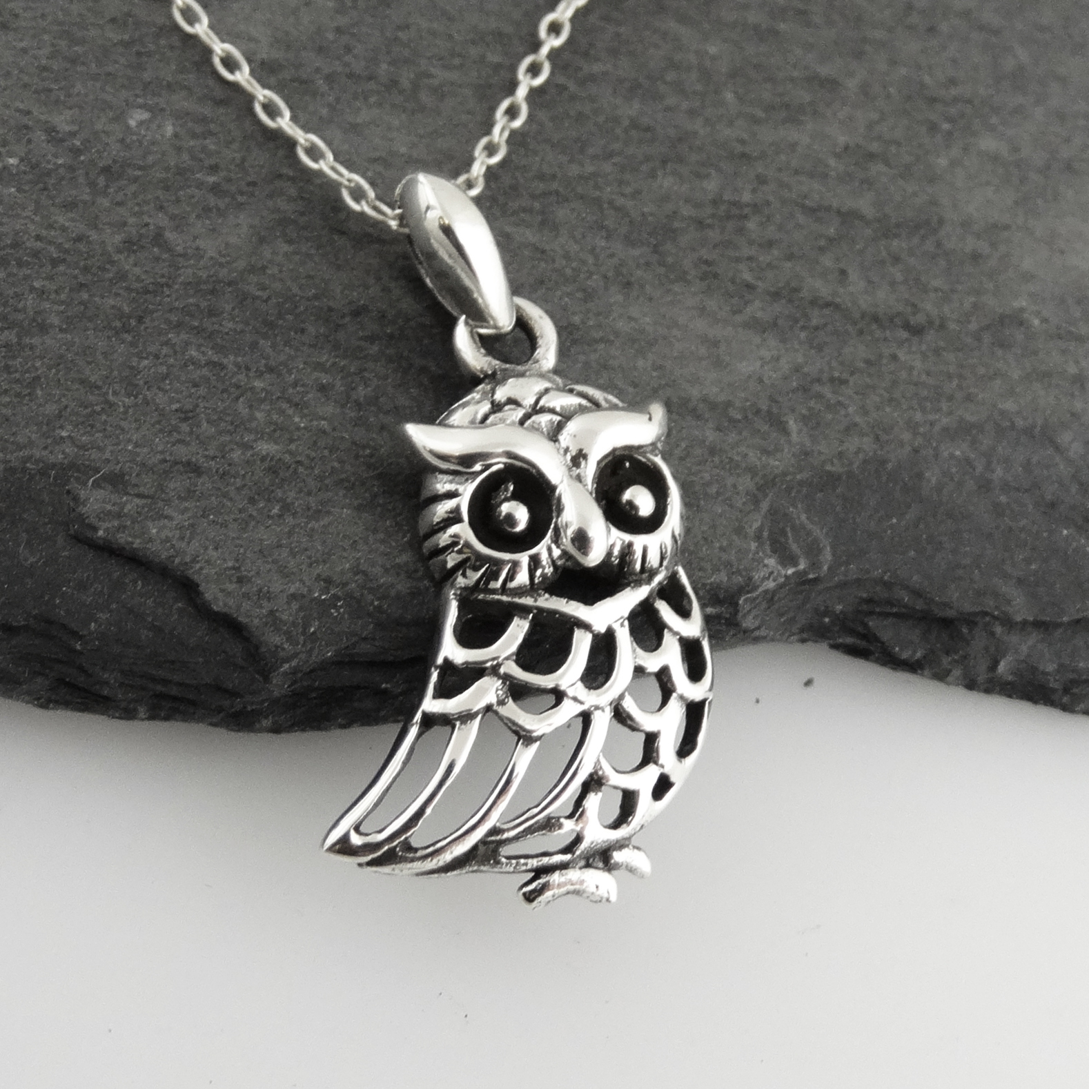 Owl Pendant Necklace – 925 Sterling Silver – Openwork Outline Bird Owls Gift