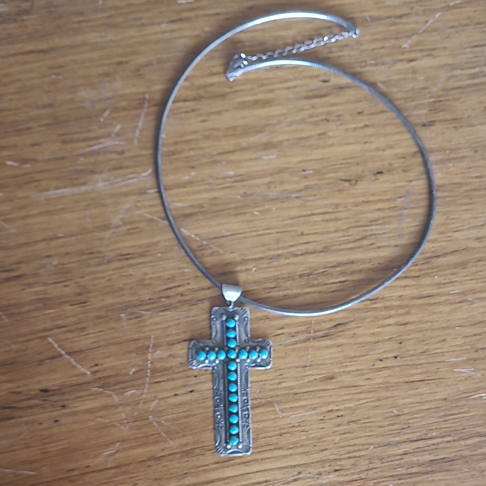 Vtg 925 Sterling Silver ZuniTurquoise Cross Pendant Necklace Snake Chain Lobster