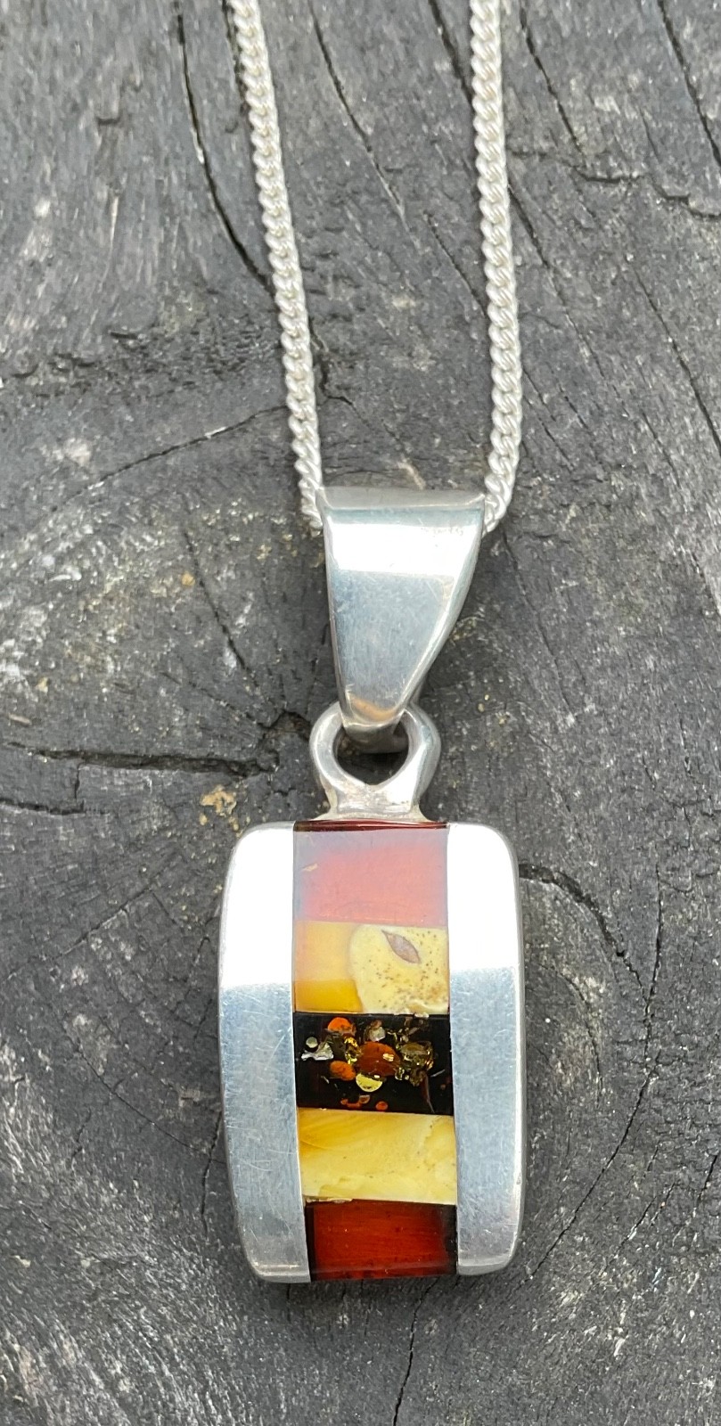 Sterling Silver Modernist Inlaid Baltic Milky Red Amber Pendant And Chain