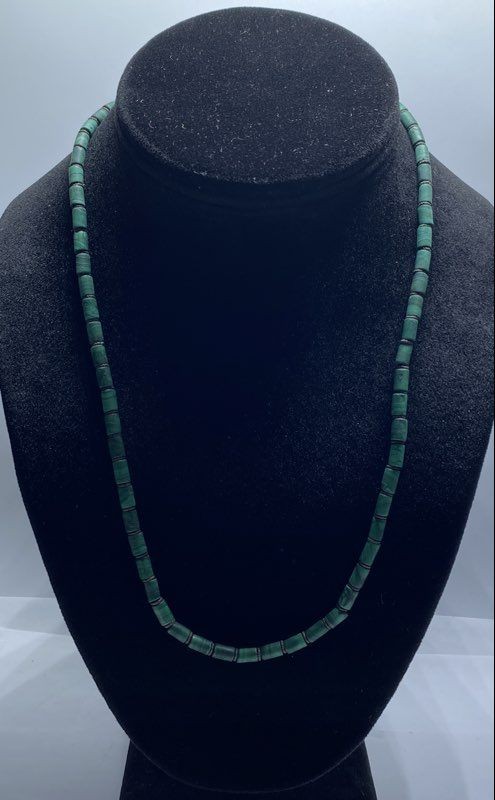 925 Sterling Silver Malachite Beaded Necklace 19.5″ Green Cylinder Beads 24g