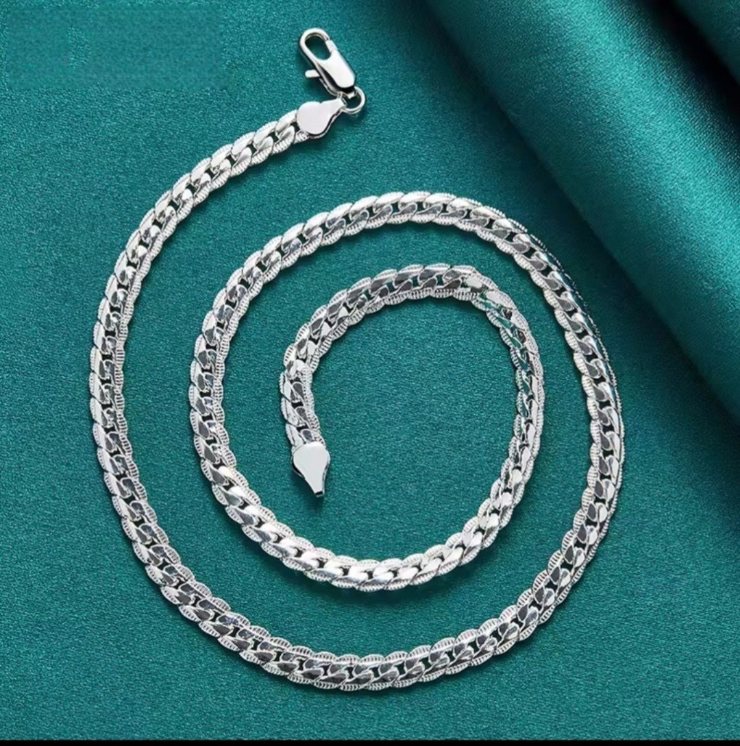 Real 925 Sterling Silver 6mm Wide Side Chain Link Necklace, Lobster clasp 18inch