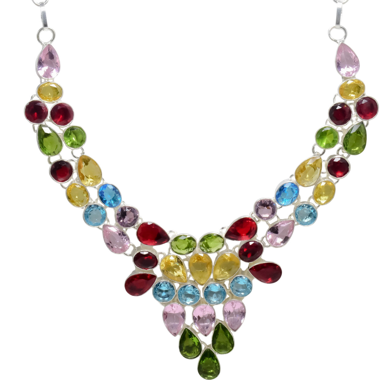 Multi Color Gemstone Handmade 925 Sterling Silver Jewelry Necklace Size-18″
