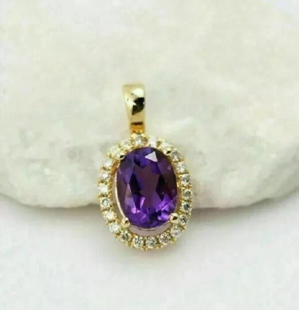 2.50 Ct Oval Cut Amethyst Diamond Halo Pendant 14K Yellow Gold Finish Free Chain