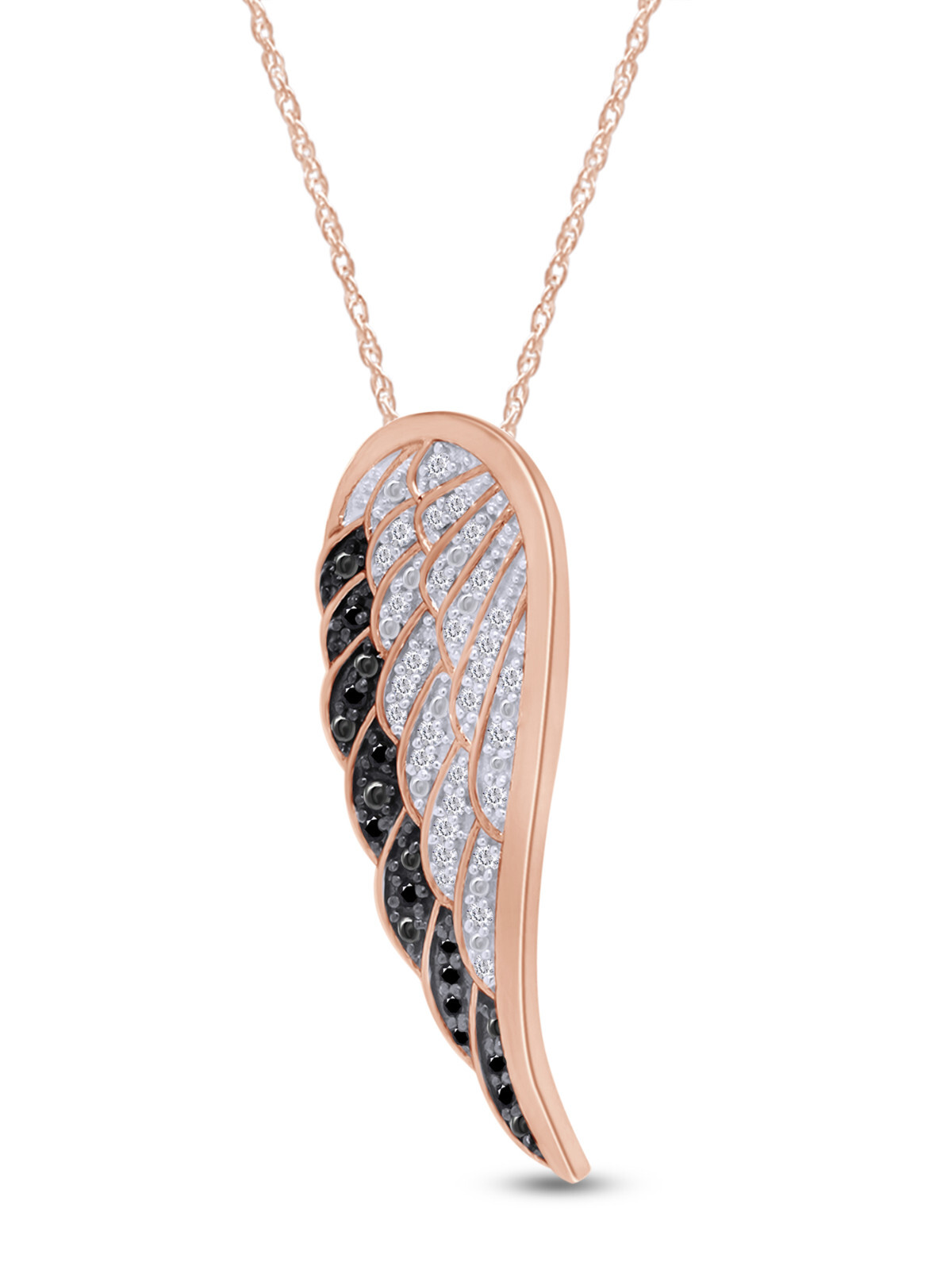 1/3ct White & Black Real Diamond Angel Wing Pendant Necklace 14K Gold, 18″ Chain