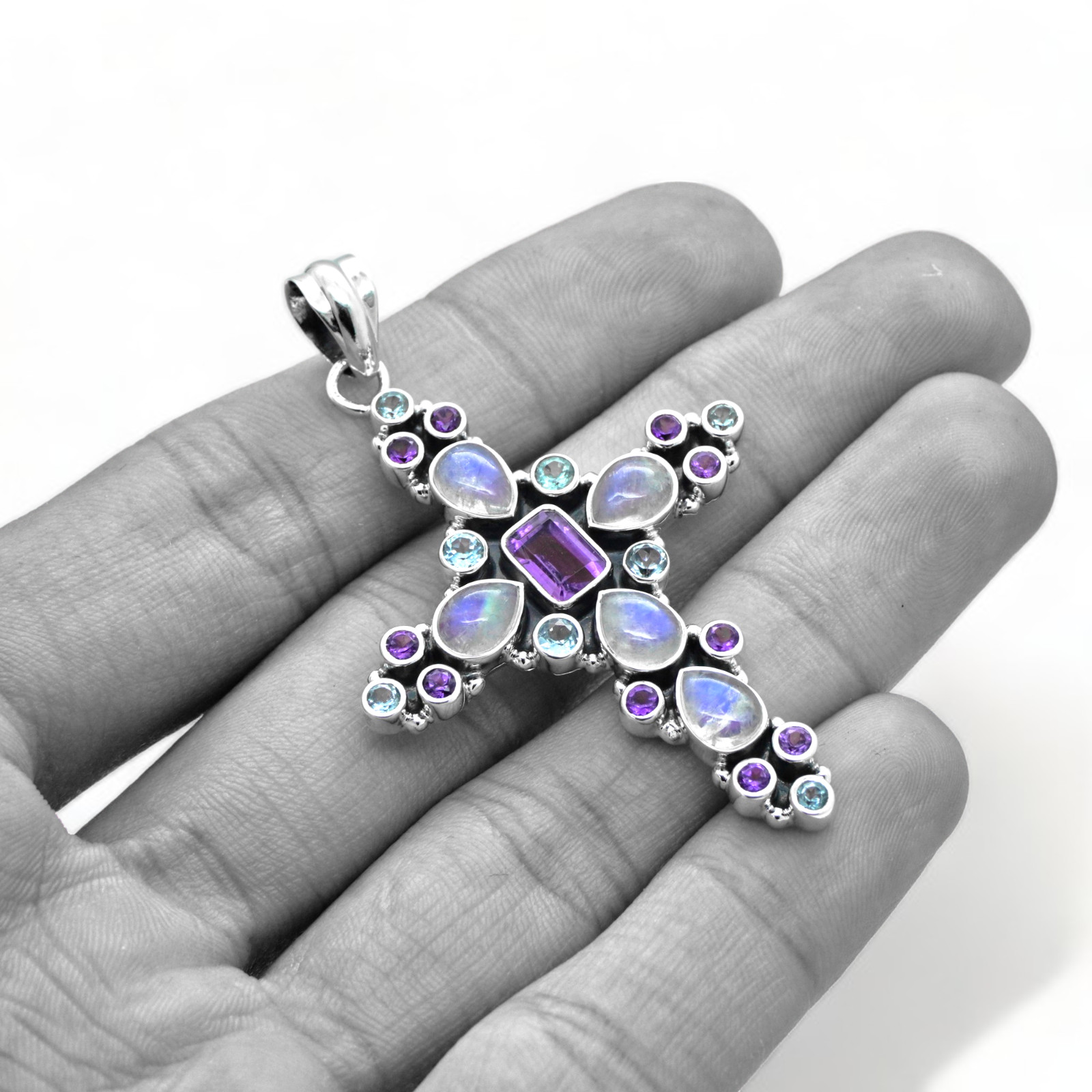 Amethyst & Moonstone Cross Pendant Sterling Silver 925 Christian Jewelry Gift