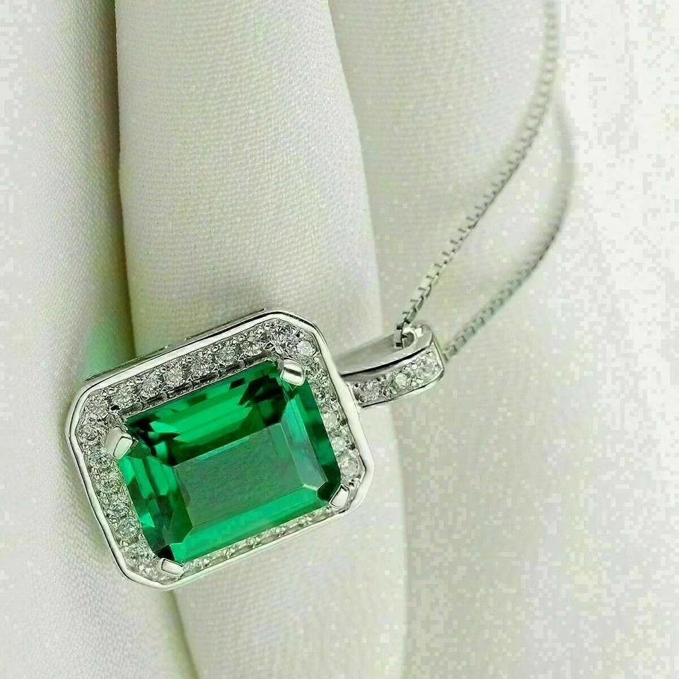 14k White Gold Plated Emerald Lab Created Green Emerald Wedding Pendant Necklace