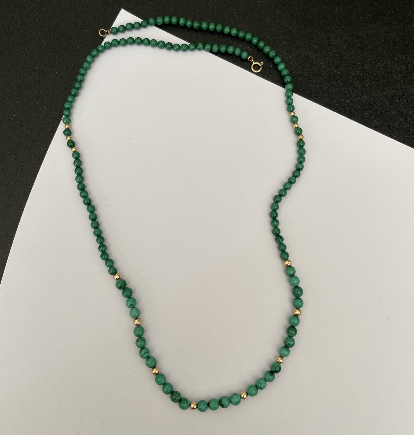 14k Yellow Gold & Malacite Gemstone Necklace Slightly Graduated 24” Dainty