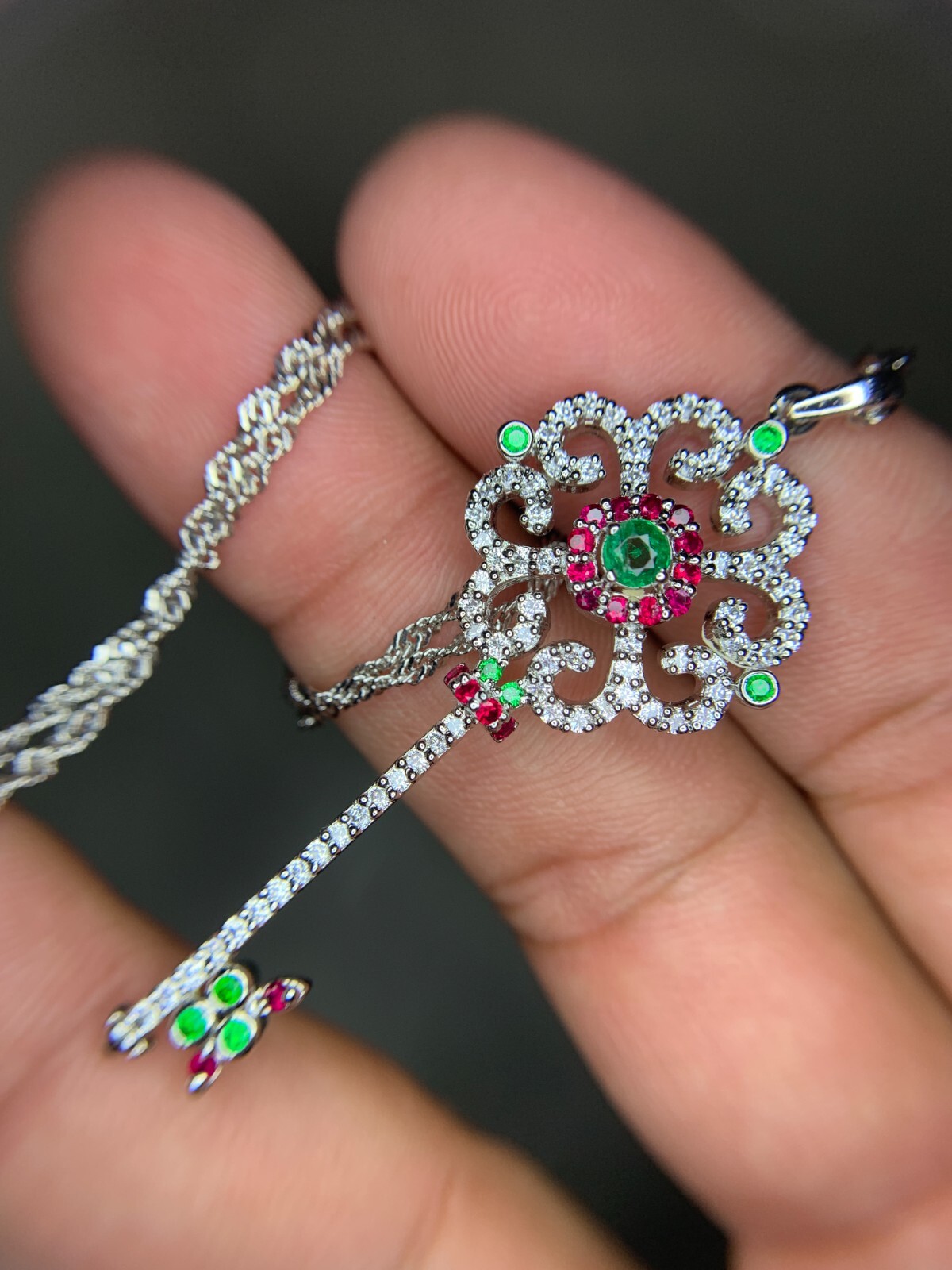 Natural Emerald From Punjshir Aghanistan In Key Necklace In 925 Sterling SIlver