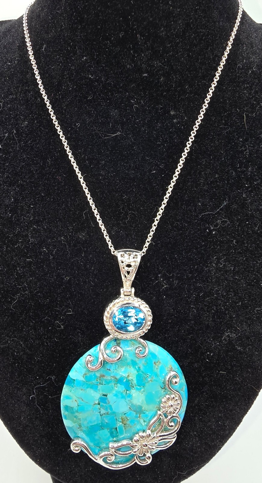 Turquoise 40mm Pendant, 8x10mm Swiss Blue Topaz in Rhodium w 18″ Chain