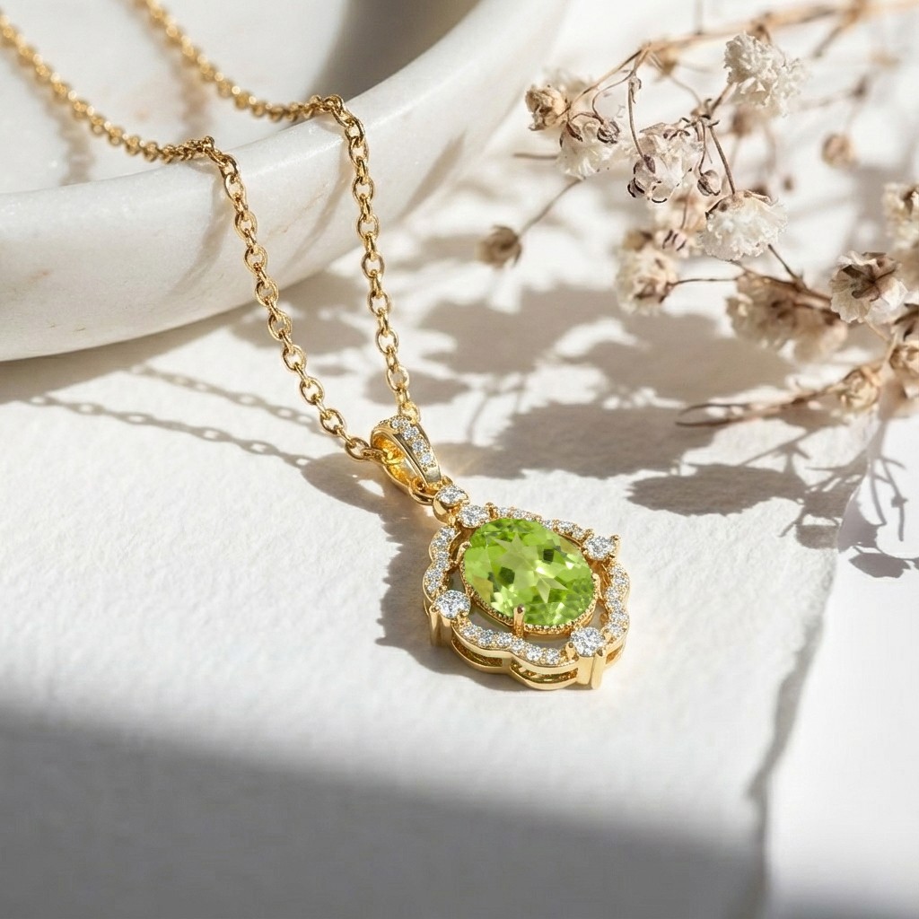 Peridot Necklace Gold Pendant, Green Peridot Halo Necklace, August Birthstone