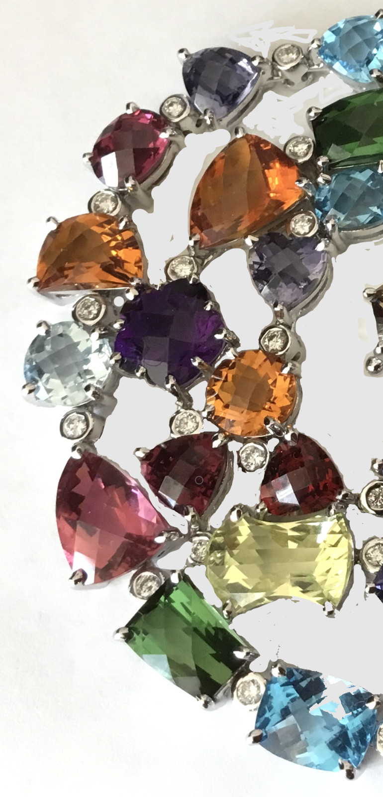 14K White Gold Multi-Color Gemstone/Diamond Necklace Designer 39g 17in