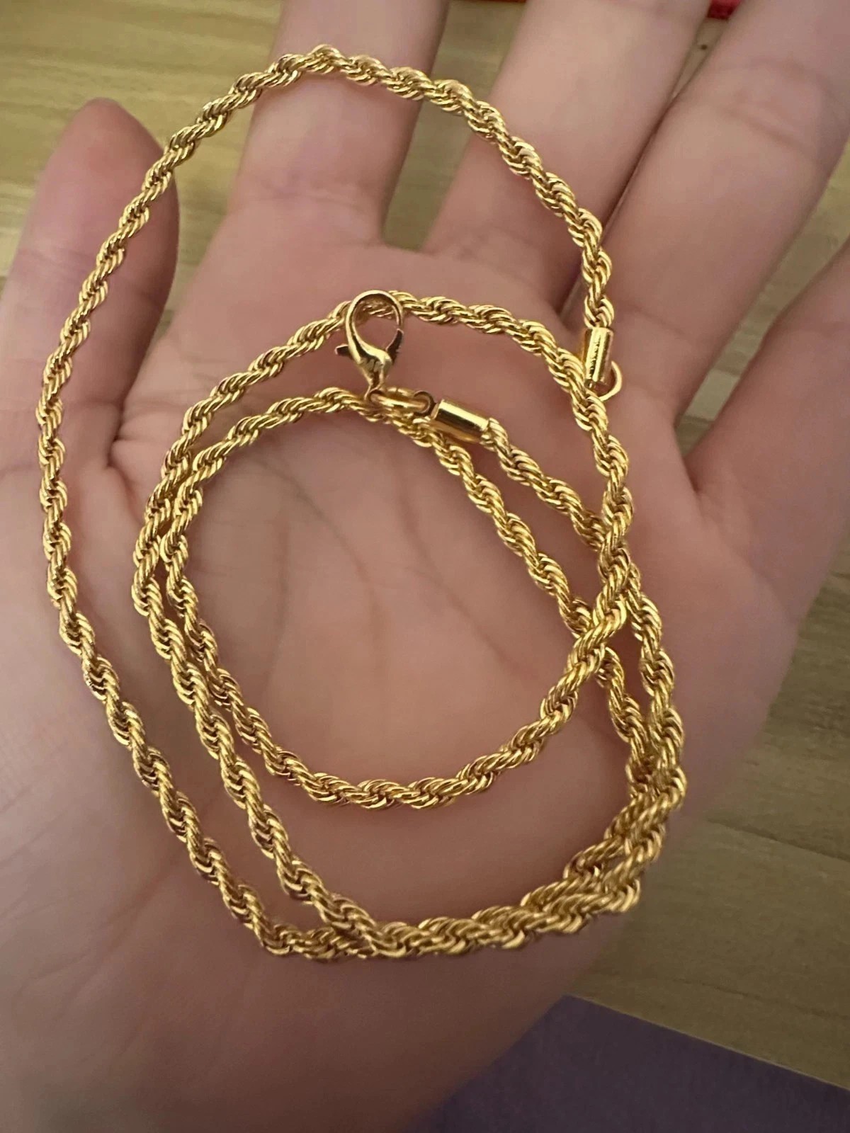 24K Real Solid Yellow Gold 22in Rope Chain Necklace with Lobster Claw Clasp