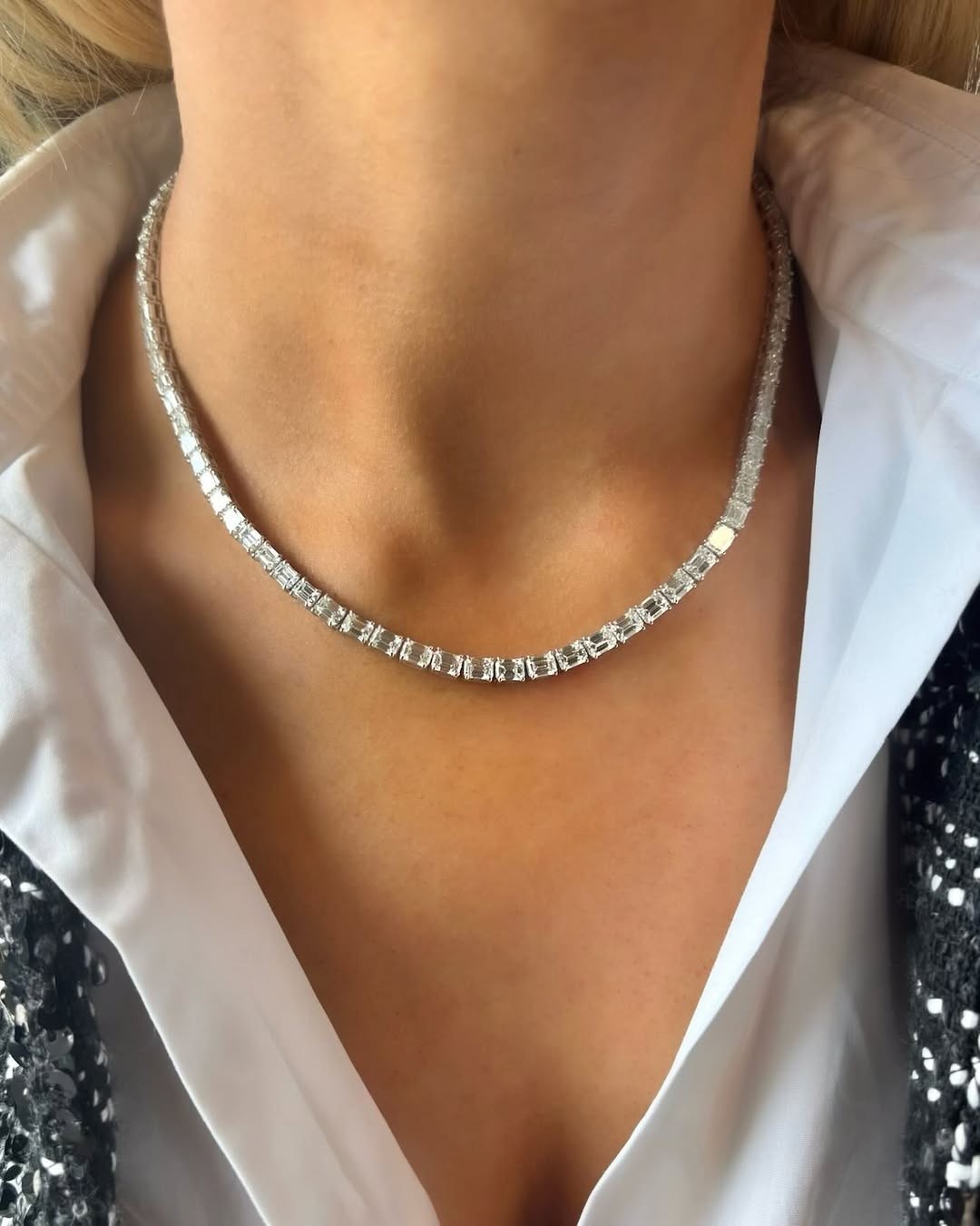 7.85 Ctw Emerald Cut VVS Real Moissanite Charm Necklace 14K White Gold Plated.