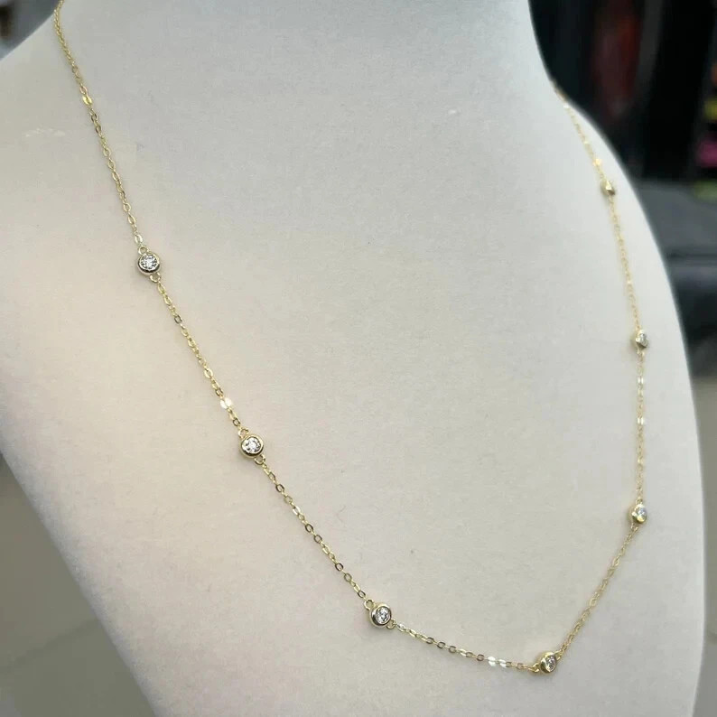 14k Yellow Gold Round Cut Natural Diamond GDGL Station Necklace For Valentine