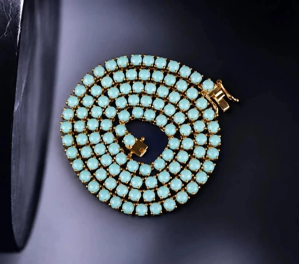 Round Cut Lab Created Blue Turquoise Tennis Necklace18in 14k Yellow Gold Plated