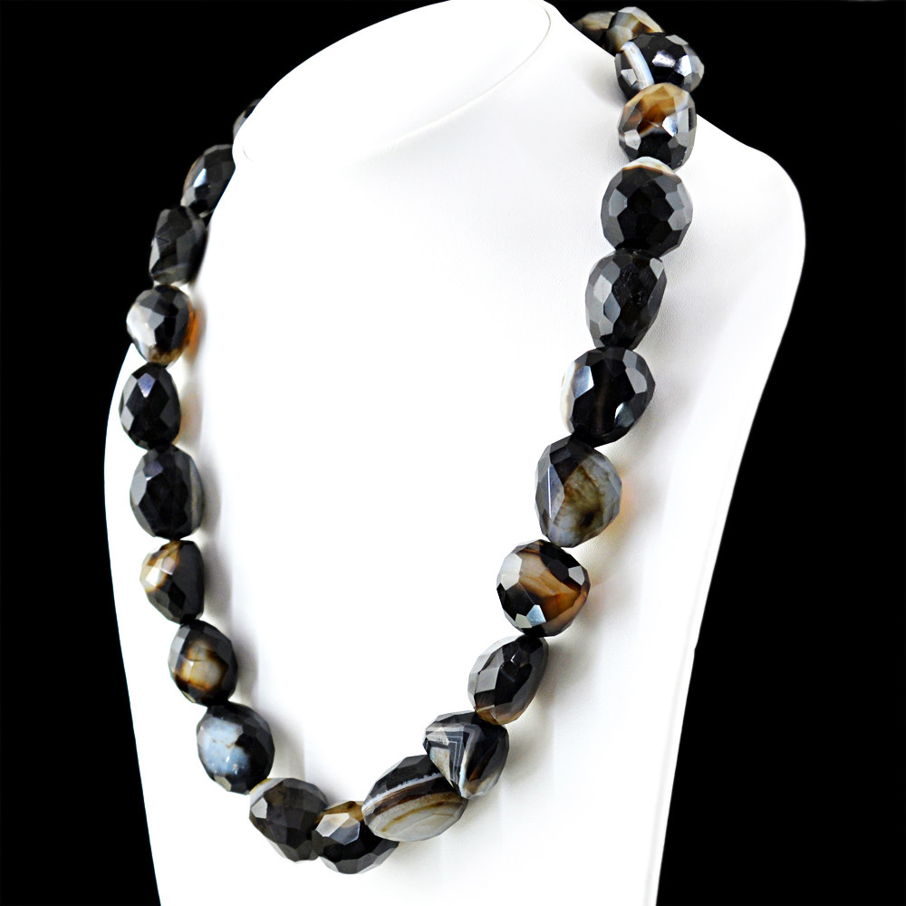 927.00 Cts Earth Mined Black Onyx Untreated Faceted Beads Hand Made Necklace
