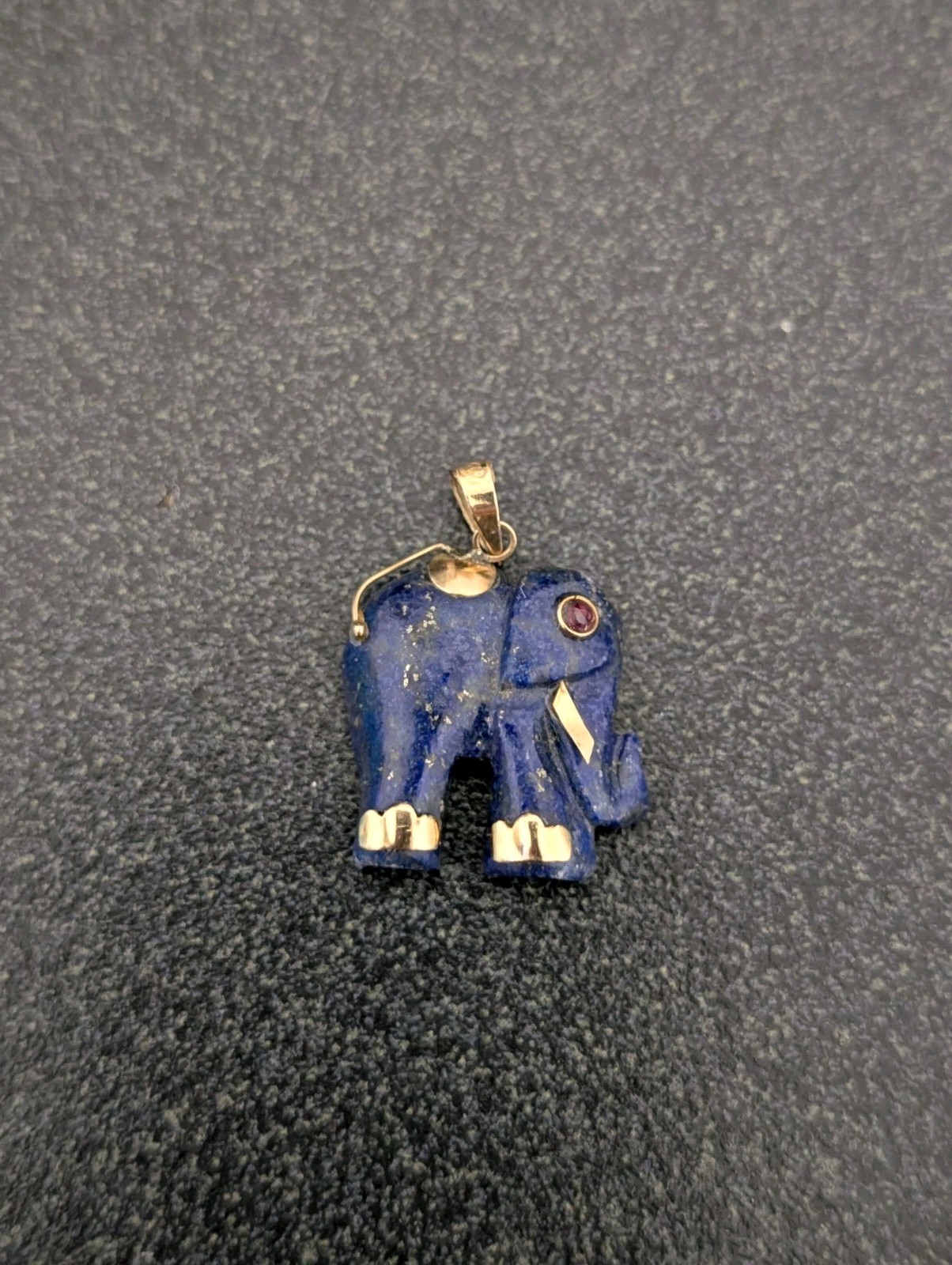 14K Gold Lapis Lazuli Ruby Eye Carved Elephant Pendant
