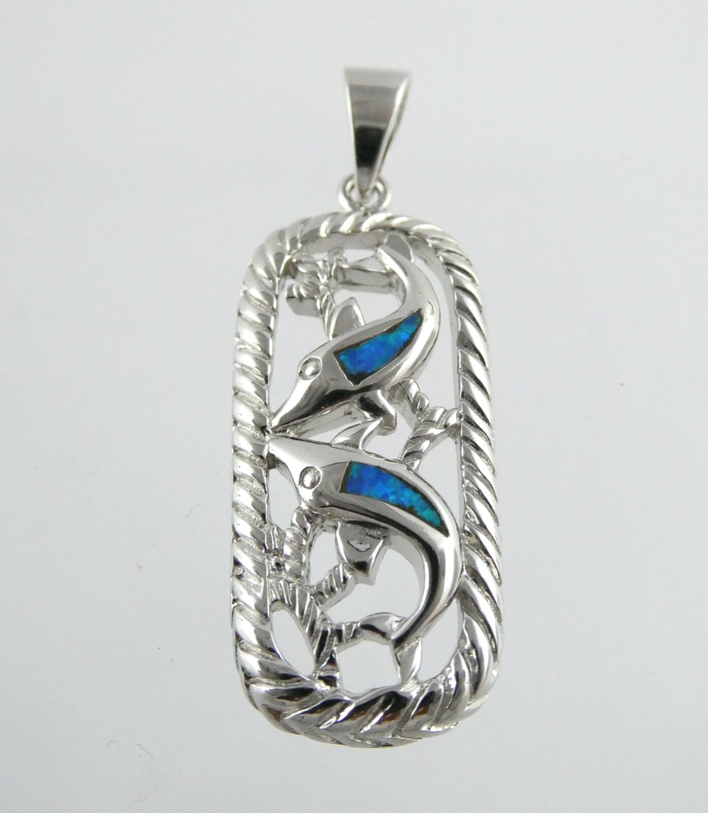 Sterling Silver Simulated Blue Opal Inlay Two Dolphin Pendant 925 5.3g 1 3/8 In