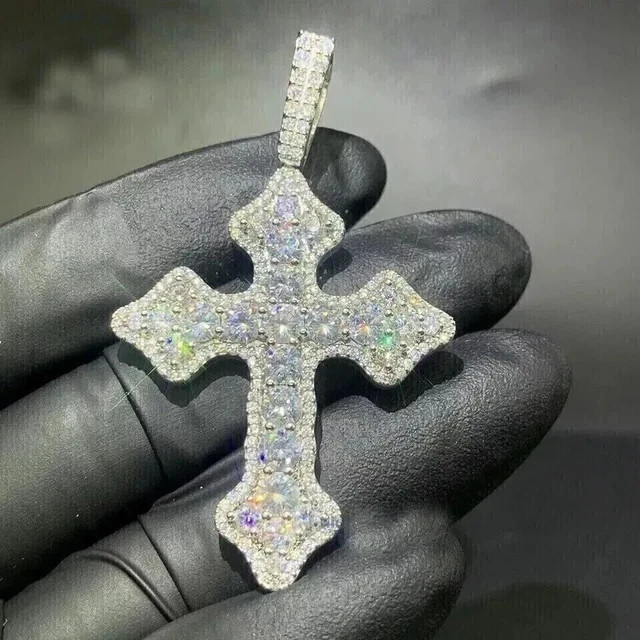 3.25 Ct Round Cut Real Moissanite Cross Unisex Pendant 14K White Gold Plated