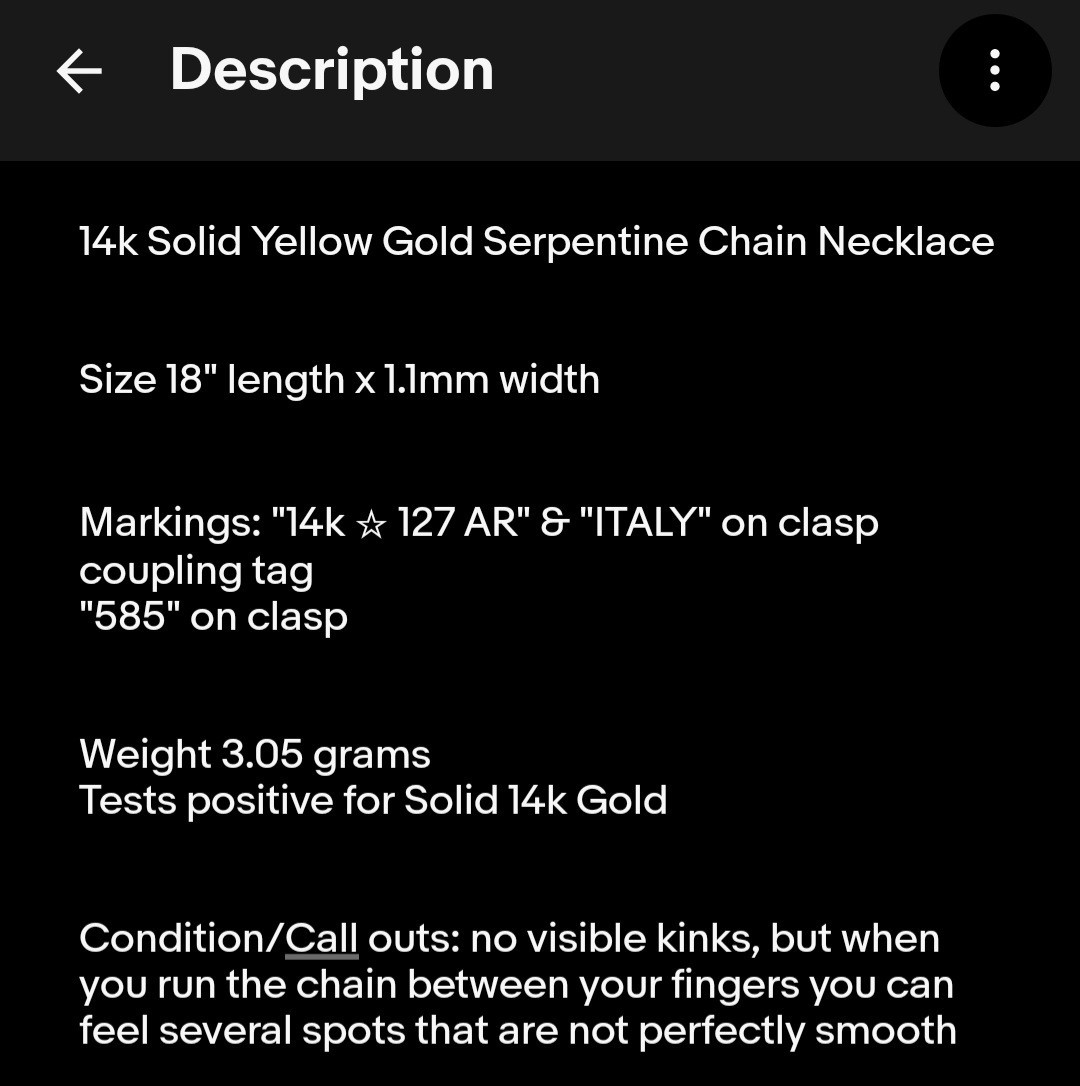 14k Solid Yellow Gold Serpentine Chain Necklace 18″x1.1mm ITALY Signed AR 3grams