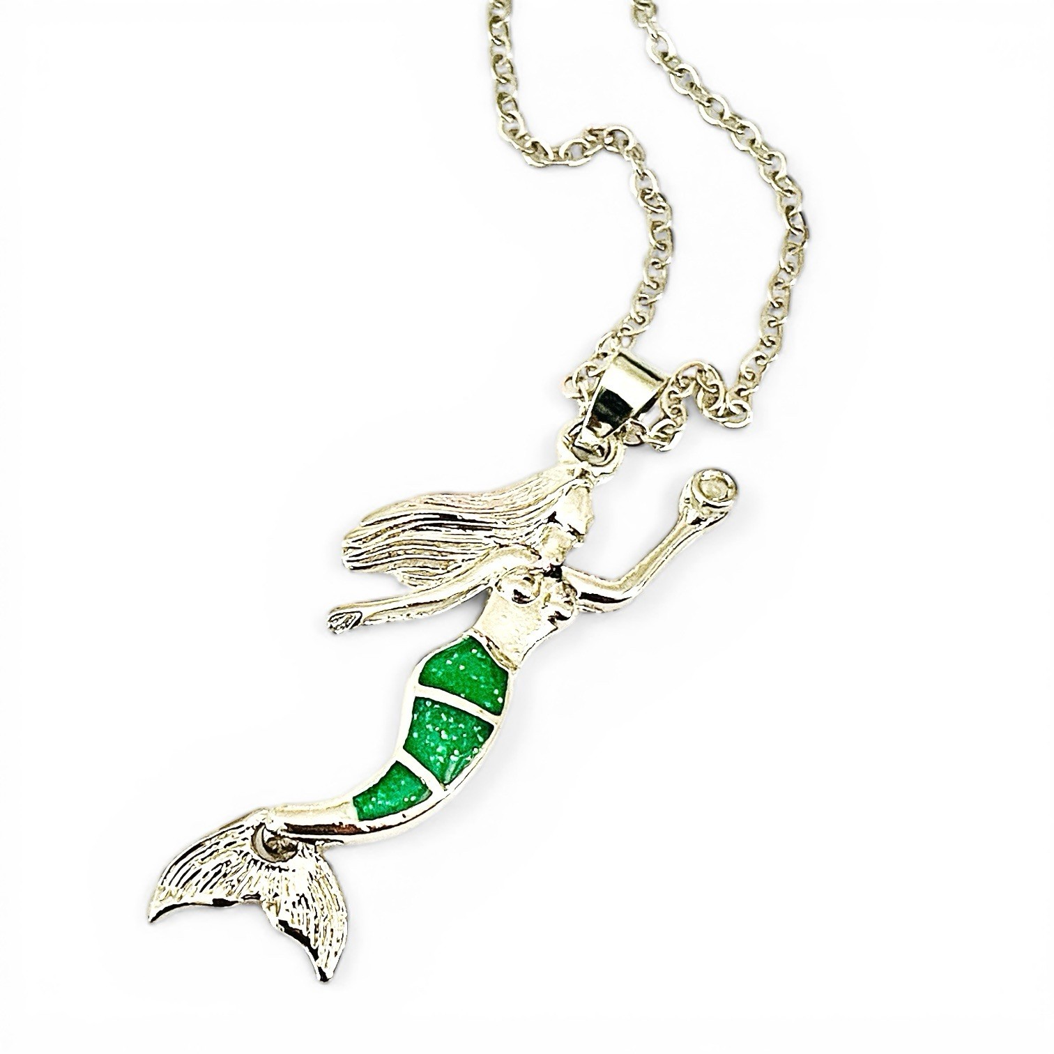 New Sterling Silver Mermaid Pendant Necklace with Green Opal Inlay 🇺🇸 Seller