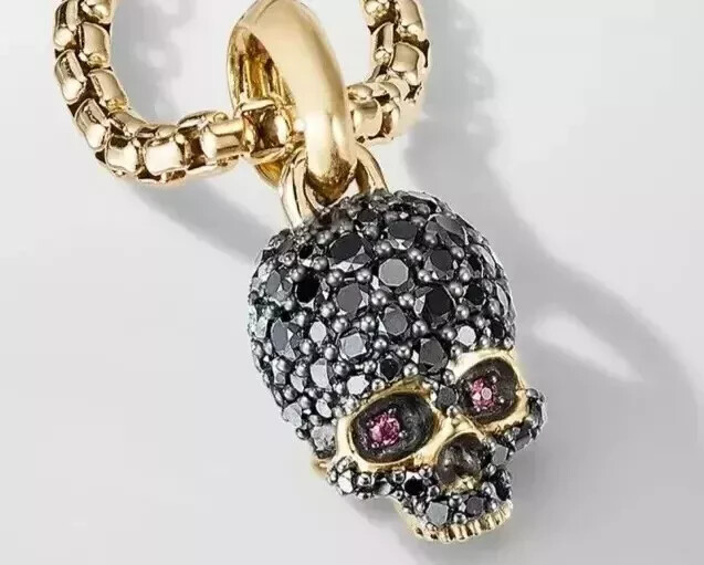 14K Yellow Gold Plated Pave Set Lab Created Diamond Memento Mori Skull Pendant