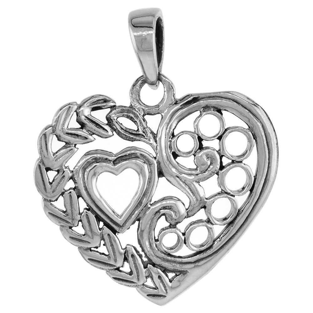 925 Sterling Silver Detailed Heart in a Heart Pendant 7/8 Inch (22mm) Tall