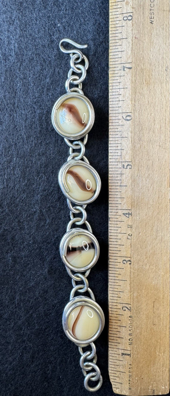 Unique OOAK Bracelet & Pendant Set Silver Metal Polished Cream Agate Stone.