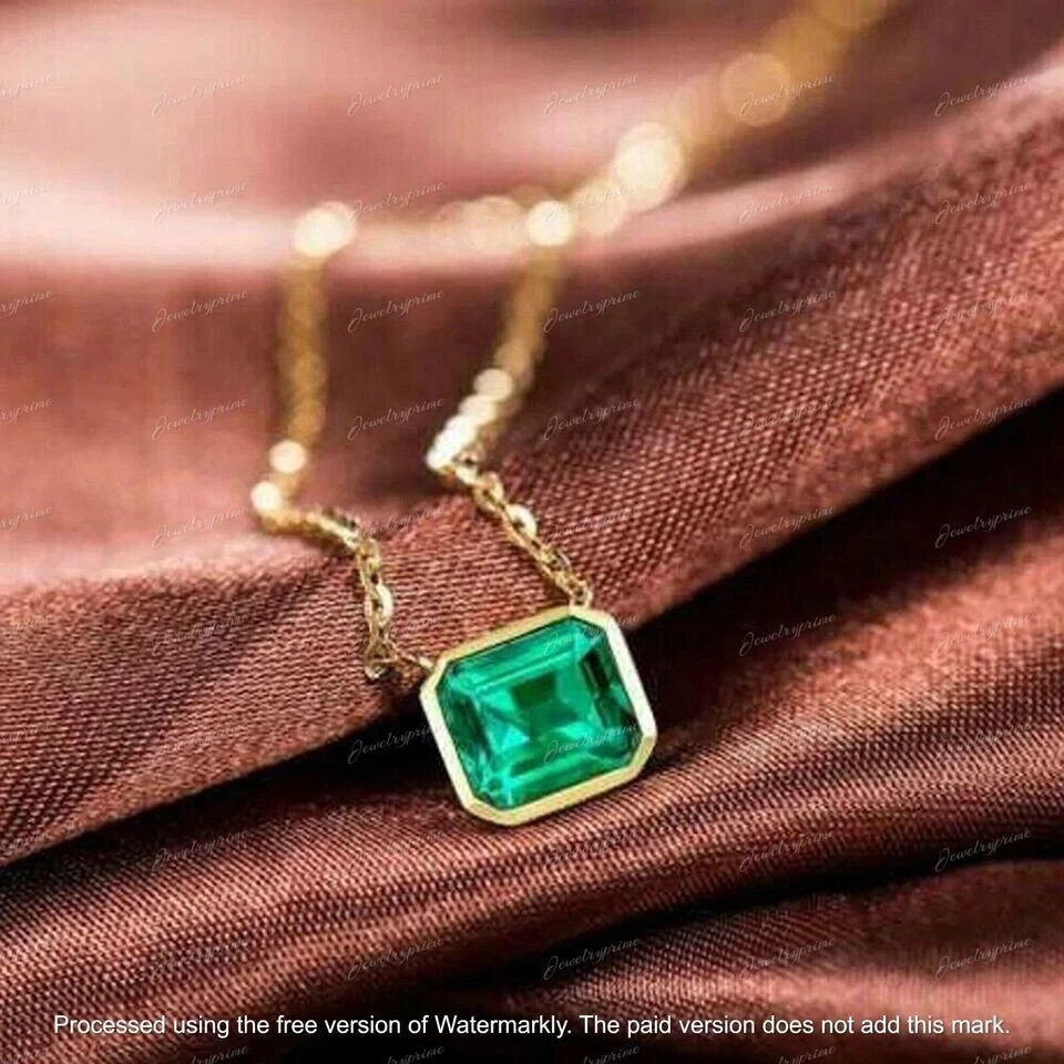 Asscher Cut Lab Created Green Emerald Pendant Necklace In 14K Yellow Gold Plated