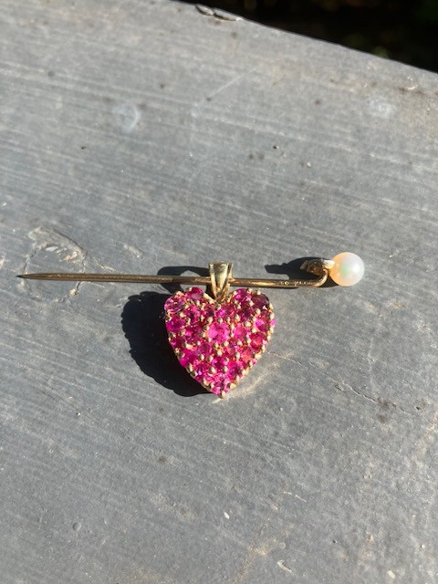 VICTORIAN RUBY 10K HEART WITH NEW 14k CLASP & ORIGINAL 10K PEARL TOPPED STICKPIN