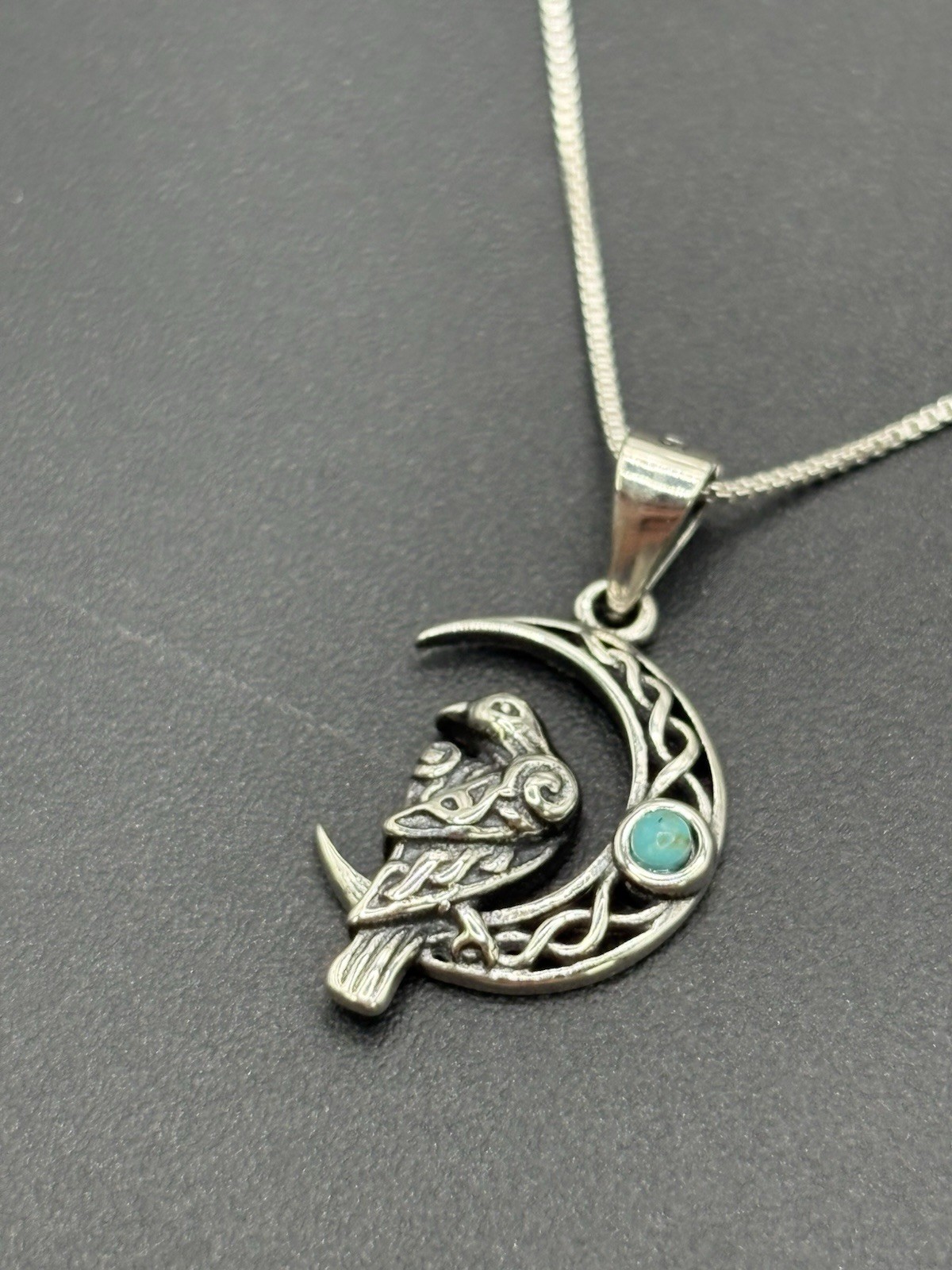 New Condition 18″ Sterling Silver Turquoise Celtic Bird Moon Pendant Necklace