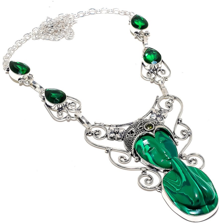 Praying Lady Malachite,Diopside Gemstone 925 Sterling Silver Necklace 18″ P436