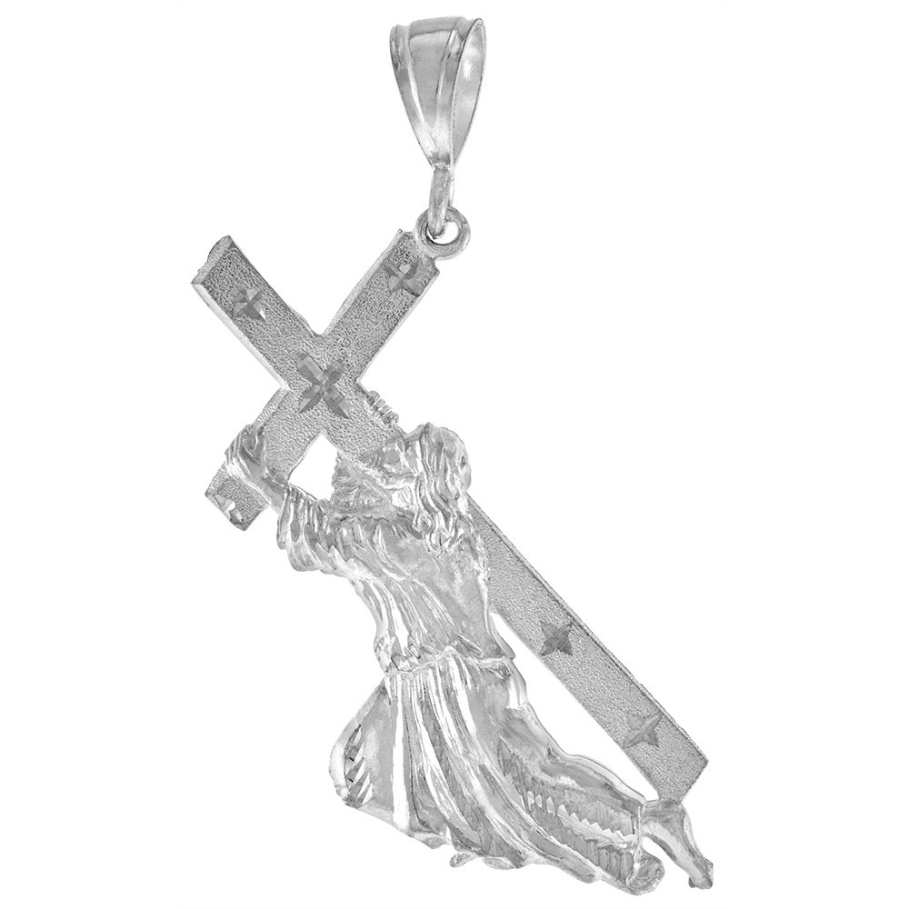 925 Sterling Silver Jesus Carrying Cross Pendant 3 1/2 (88mm) Inch Tall