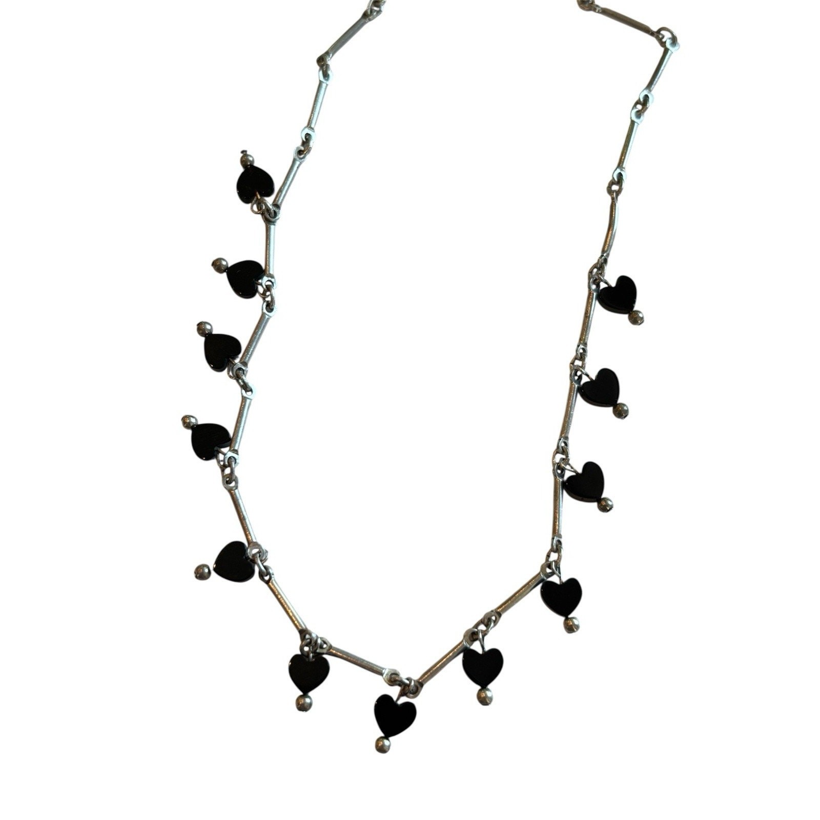 Sterling Silver 17” Bar Link Necklace With Black Heart Dangles 925