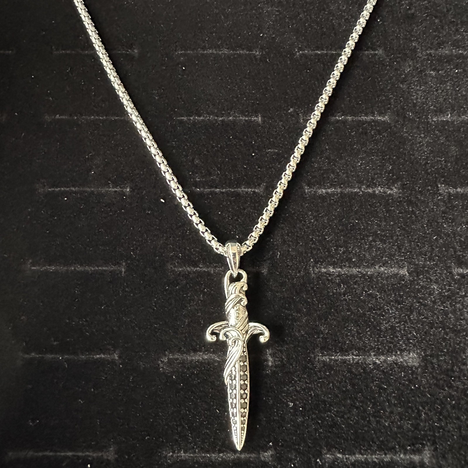 David Yurman 3mm Wave Dagger And 22in Box Chain W Dagger Pendant Black Diamond