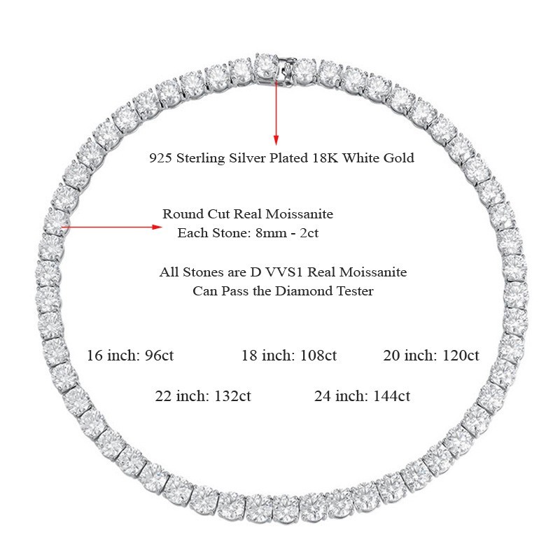 Full 8mm Real Moissanite Tennis Chain Necklace Men’s Hip Hop 925 Sterling Silver